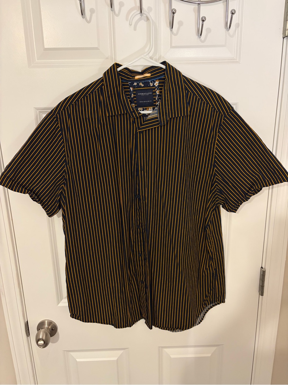 Denim & Flower Navy Blue Button Down Shirt with Yellow Pinstripes - XL